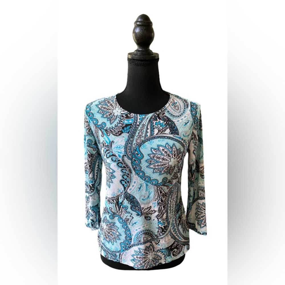 JM Collection: Blue Paisley Textures Slinky Blouse